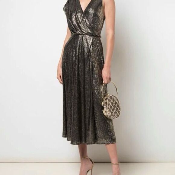 Alice + Olivia Roxy Front-Drape Metallic Midi Dress Size 4 - Picture 3 of 5